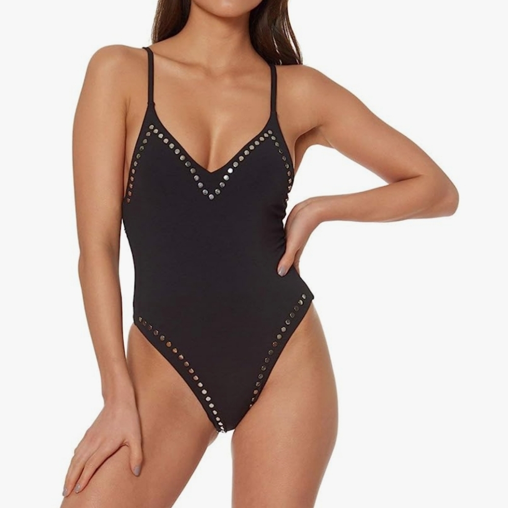 Black Stud-Trim One-Piece Swimsuit